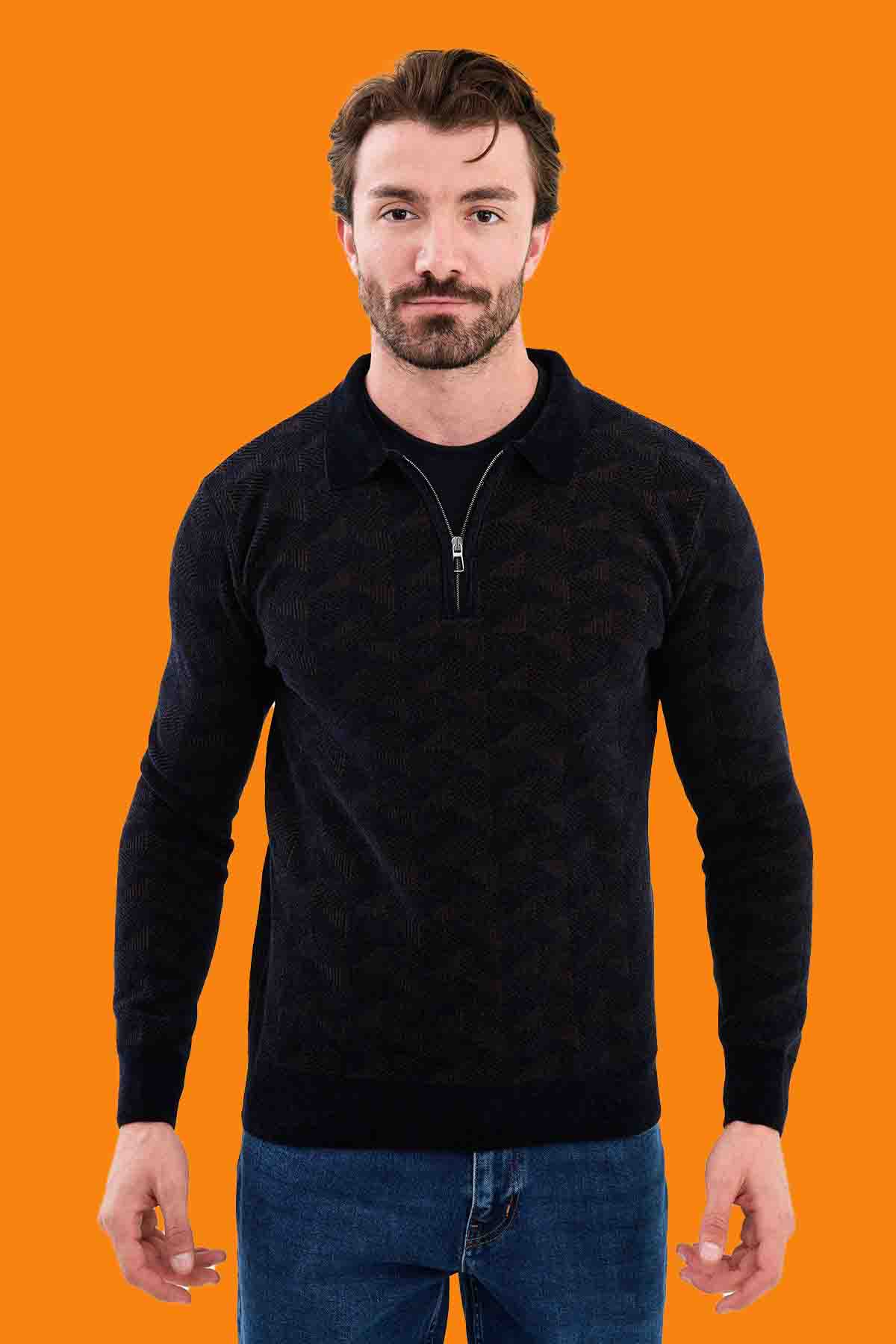 Men's Navy Slim Fit Knit Half-Zip Polo Sweater