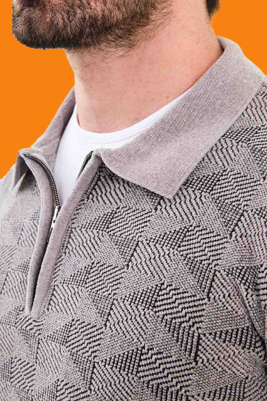 Men's Gray Slim Fit Knit Half-Zip Polo Sweater