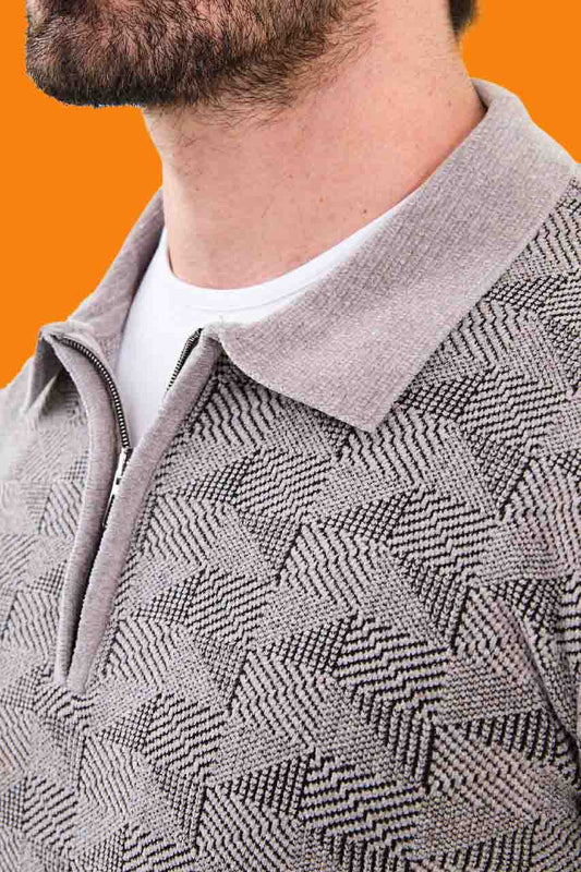 Men's Gray Slim Fit Knit Half-Zip Polo Sweater