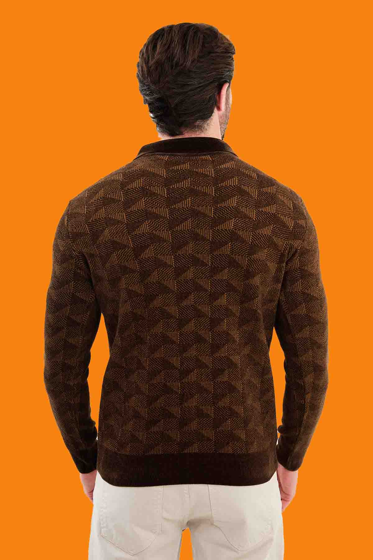 Men's Brown Slim Fit Knit Half-Zip Polo Sweater