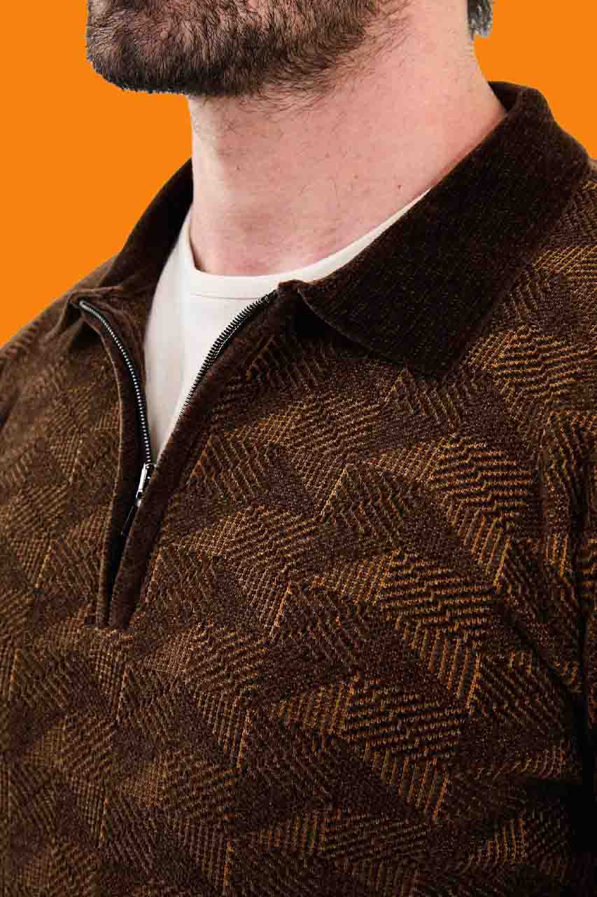 Men's Brown Slim Fit Knit Half-Zip Polo Sweater