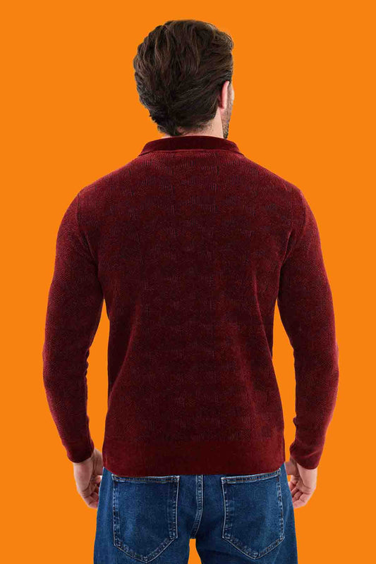 Men's Burgundy Slim Fit Quarter-Zip Knit Polo Sweater