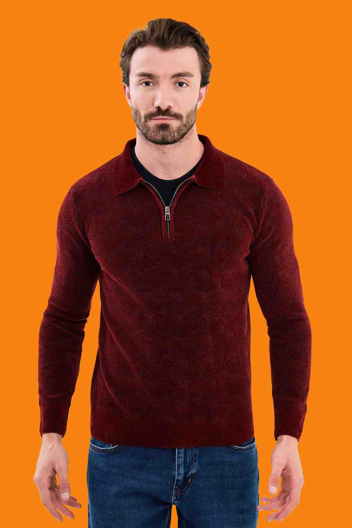 Men's Burgundy Slim Fit Quarter-Zip Knit Polo Sweater