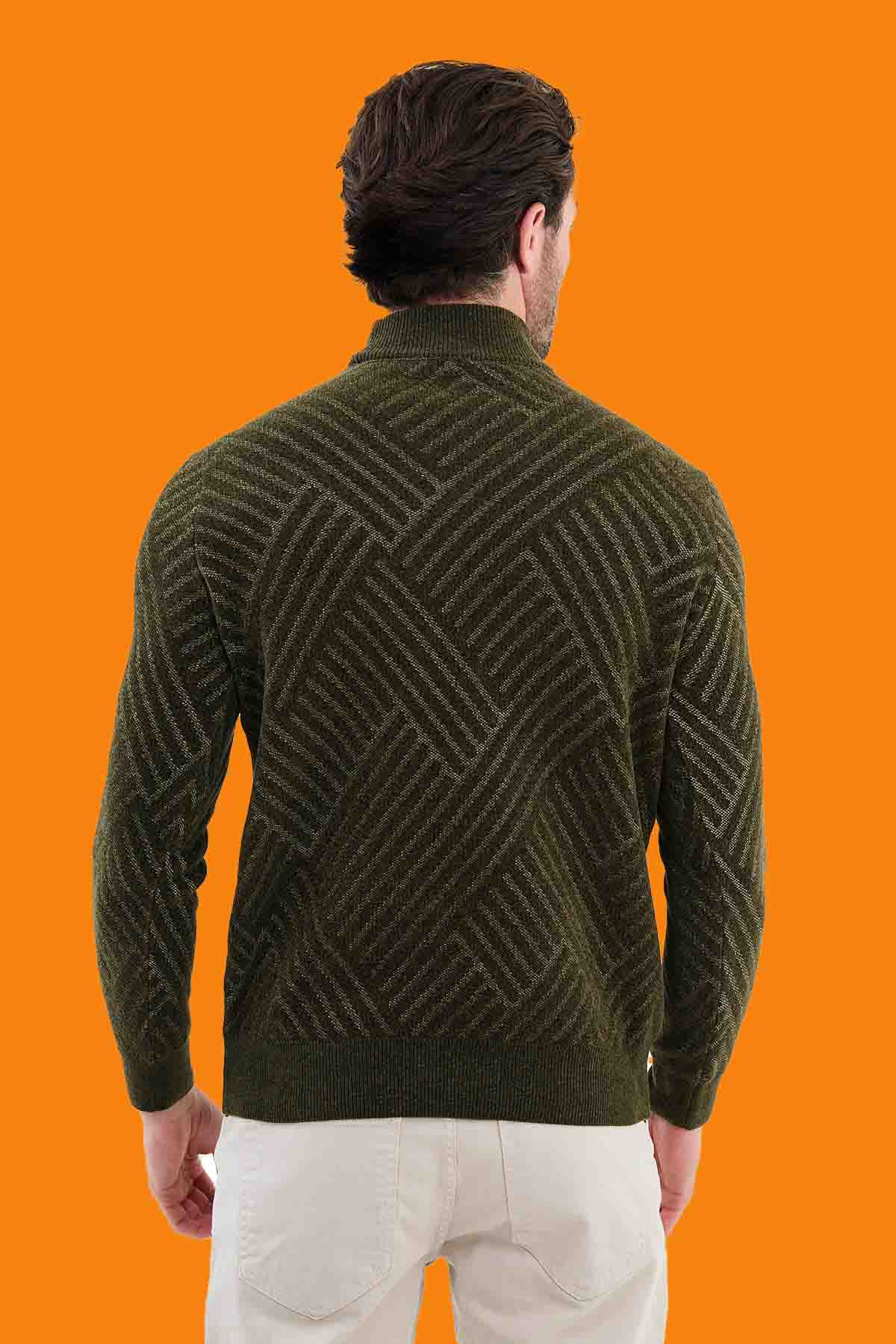 Men's Khaki Geometric Knit Mock Neck Slim Fit Sweater