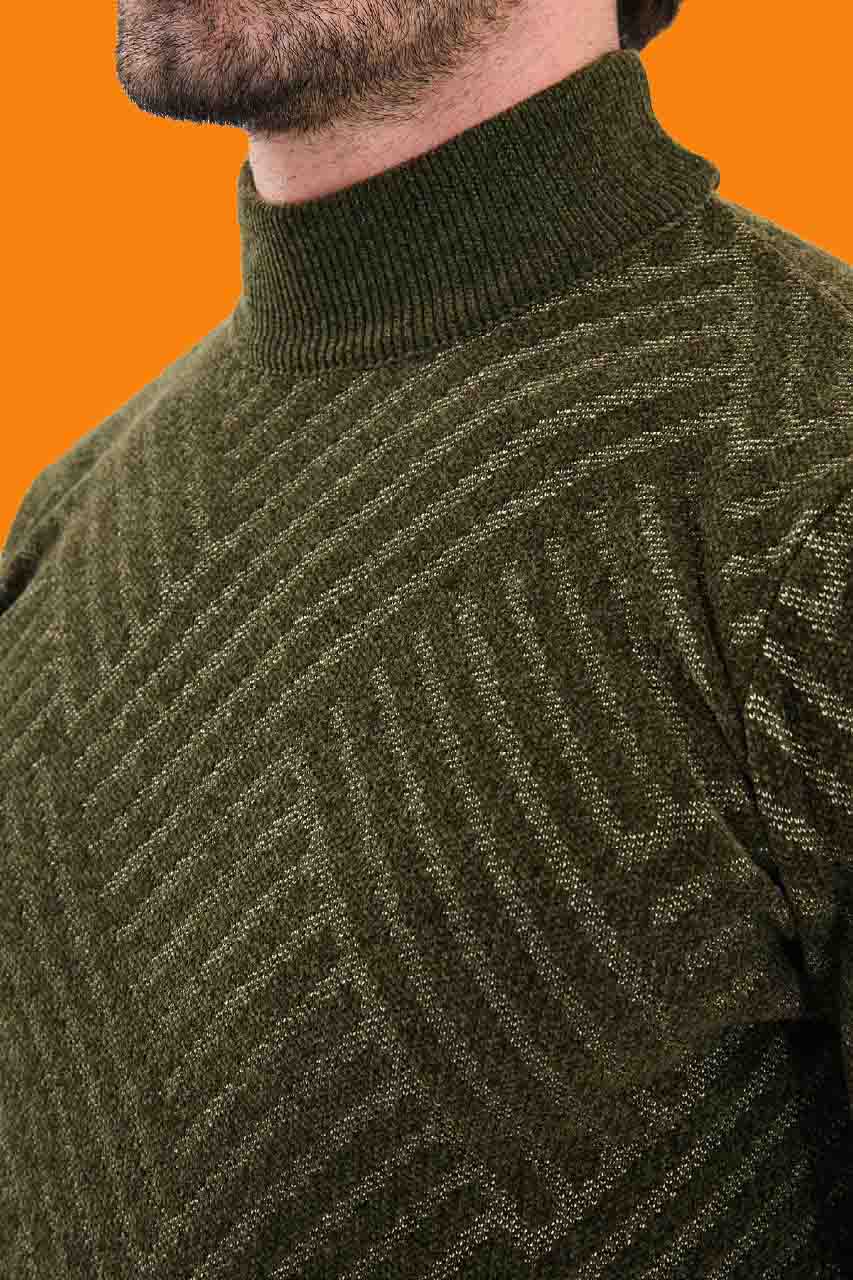 Men's Khaki Geometric Knit Mock Neck Slim Fit Sweater
