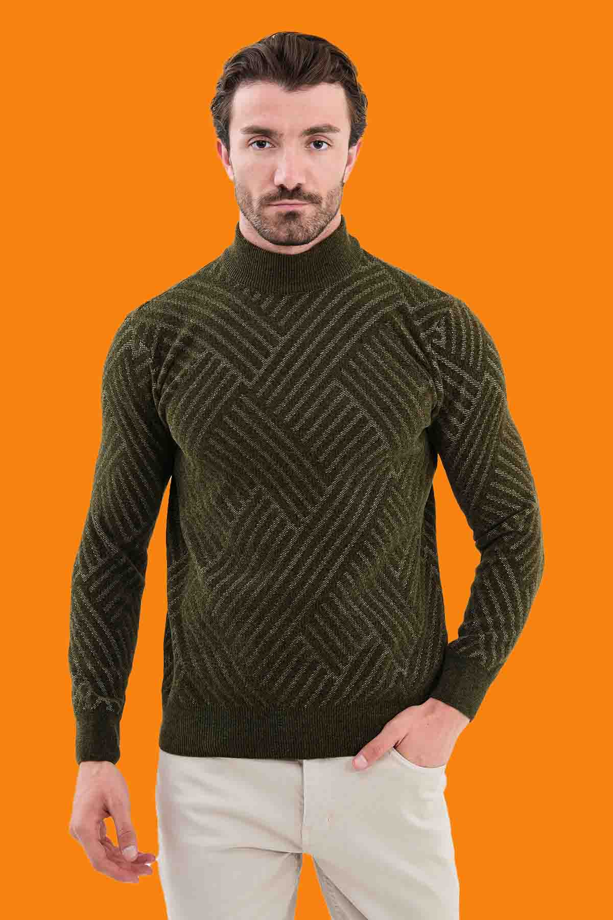 Men's Khaki Geometric Knit Mock Neck Slim Fit Sweater